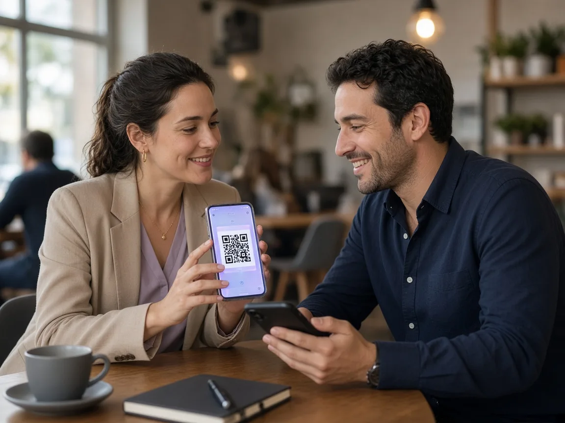 اشتراک‌گذاری کارت ویزیت دیجیتال با QR و موبایل در جلسه کاری